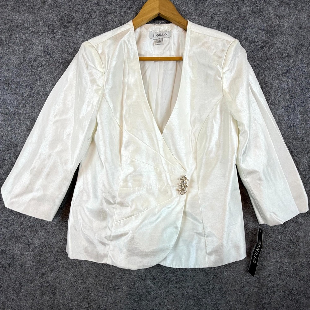 Danillo Blazer Jacket Women 8 Satin White Single Rhinestone Brooch MOB‎ Bridal